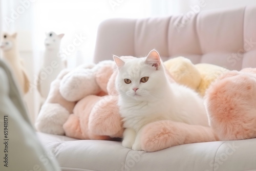 Close up of domestic cat lying on the sofa in the livingroom. Cat relax on the bed at home. Soft pastel colors image