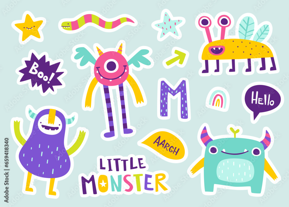 Set of cute doodle monster stickers. Vector collection of funny monsters for kids. Bright cartoon beasts.