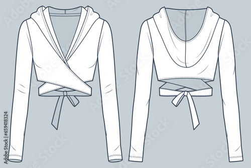 Hooded Crop Jacket technical fashion illustration. Wrap Crop Top fashion flat technical drawing template, v-neck, slim fit, long sleeve, front and back view, white, women CAD mockup set.