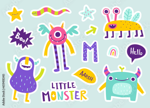 Set of cute doodle monster stickers. Vector collection of funny monsters for kids. Bright cartoon beasts.