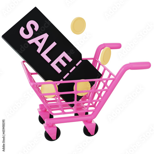 3d rendering black coupon sale in the pink shopping cart isolated on transparent background.