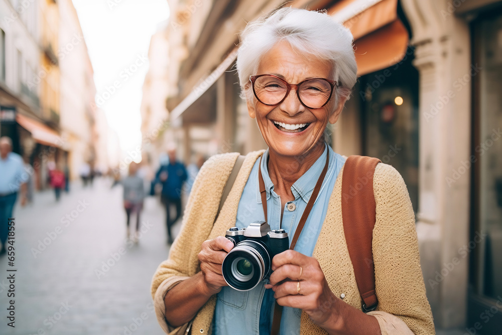 Senior woman having fun with photo camera. Old people using camera