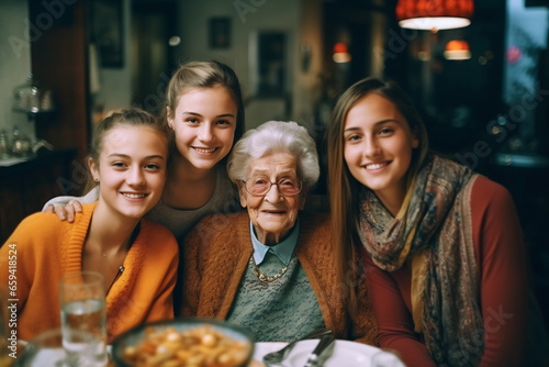 Three generation caucasian family gathering at home