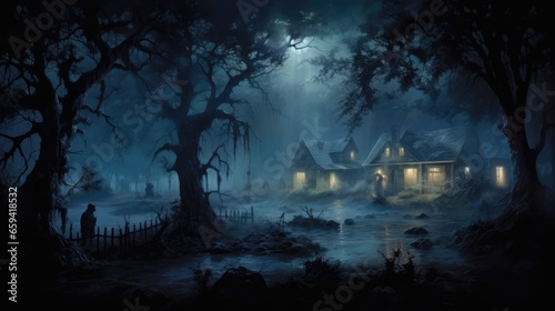 creepy and spooky fantasy village, concept illustration, abstract art