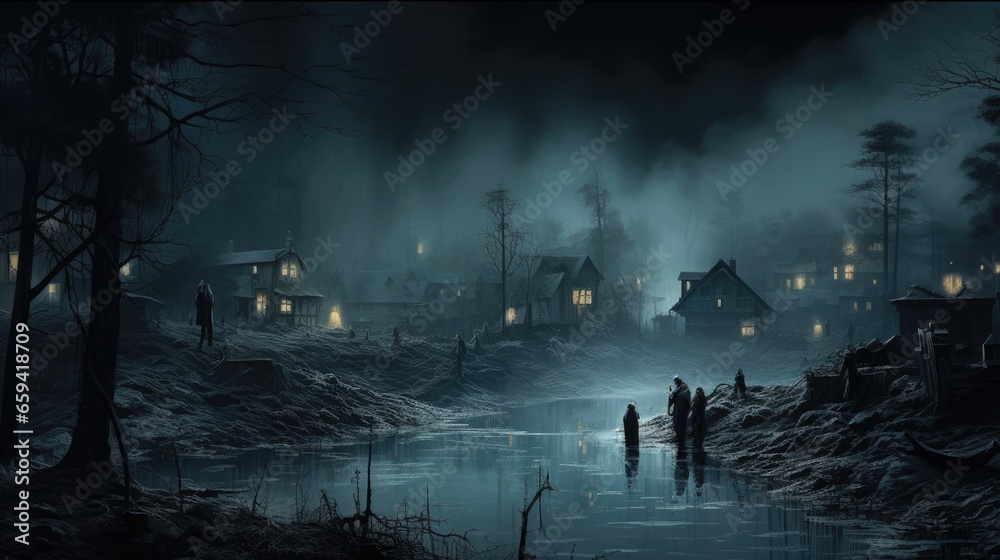 Fototapeta premium creepy and spooky fantasy village, concept illustration, abstract art