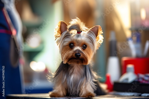 The charismatic dog gets a haircut at groomer