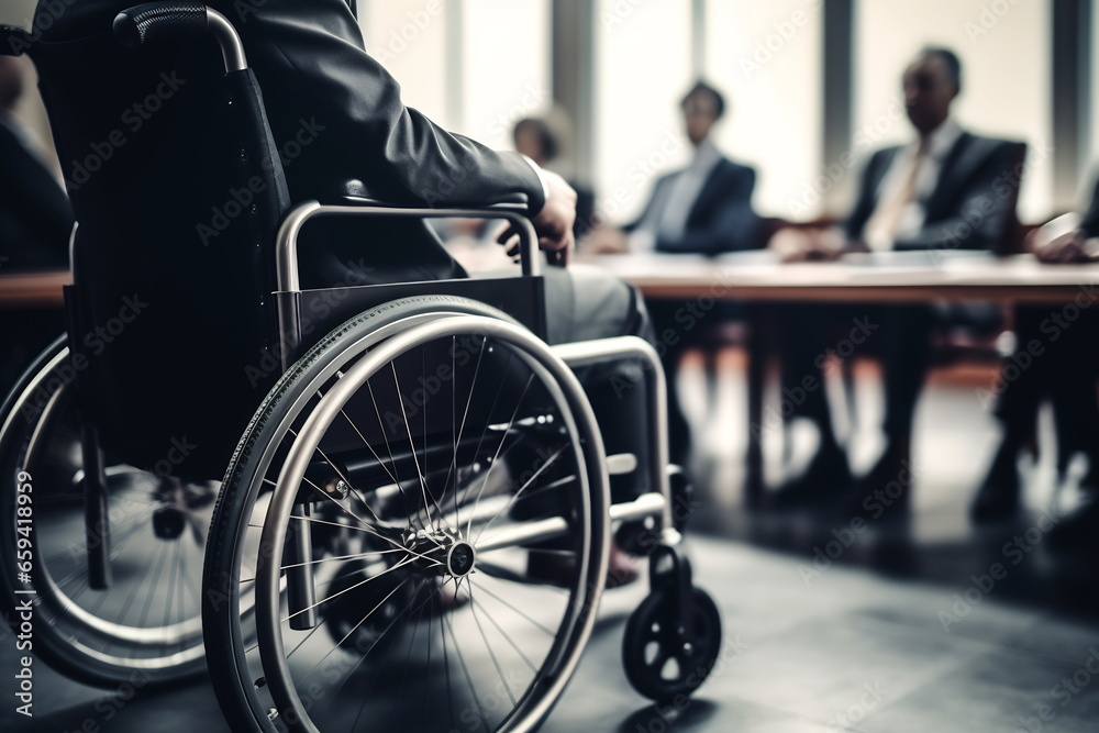 A disabled person is sitting in a wheelchair. Nearby are his colleagues