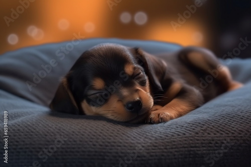 Headshot of sleeping puppy. Two month old puppy sleeping on blanket