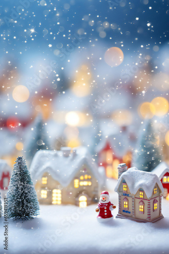 Christmas Santa Claus and gifts. Frosty winter wonderland with snowfall, houses, trees, snowman toys on defocused lights Christmas background, and copy space. Ai Generative © kaiskynet