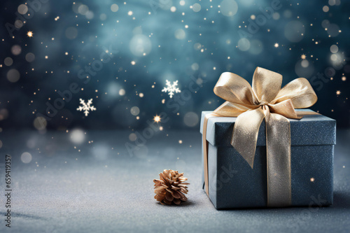 The blue gift box was packed and decorated with a white bow. Christmas gift. Christmas's Day background. Ai Generative