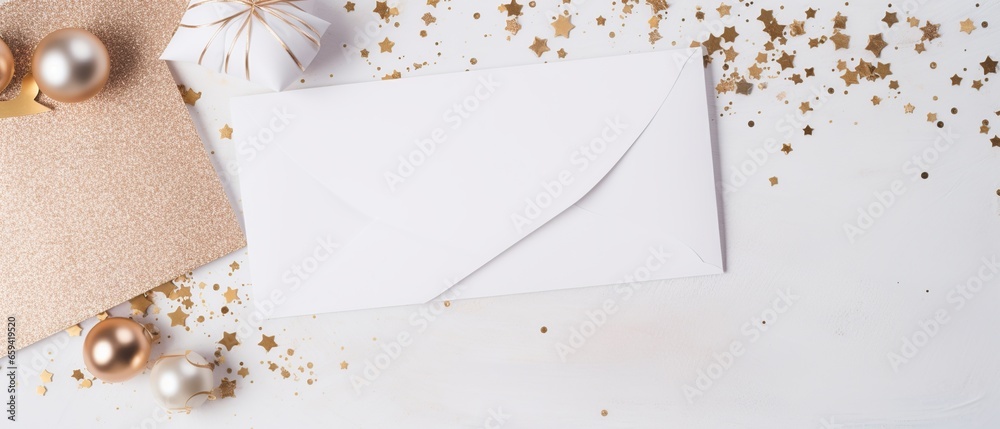 A flat lay capturing the spirit of the New Year with assorted greeting cards and envelopes, neatly organized, evoking the joy and tradition of sending wishes, with spacious empty area for text A flat lay capturing the spirit of the New Year with assorted greeting cards and envelopes, neatly organized, evoking the joy and tradition of sending wishes, with spacious empty area for text