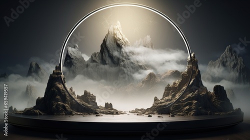  a surreal scene with a mountain and a circle in the middle.  generative ai photo