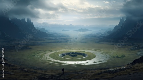  a person standing in a field with a circle in the middle.  generative ai