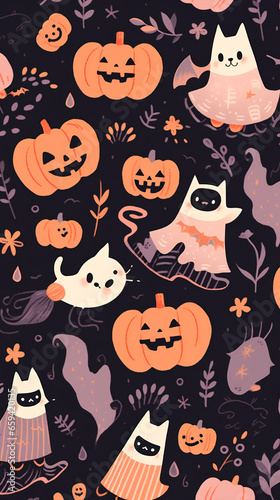 Adorn your screen with a delightful wallpaper featuring pastel orange, violet, and black trick-or-treat bags brimming with candy in matching wrappers, harmoniously complementing the pastel cat and pum