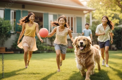 A happy family playing with a golden retriever in the front yard.