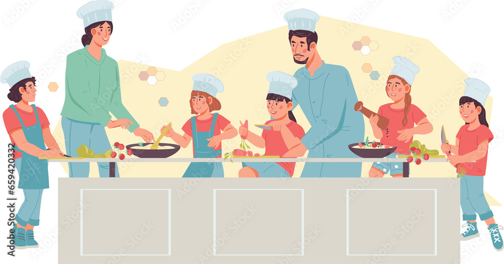 Culinary courses for children website template. Web banner with professional chefs teaching kids how to cook. Cooking classes for kids.