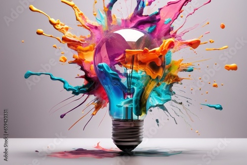Creative light bulb explodes with colorful paint and colors. New idea, brainstorming concept