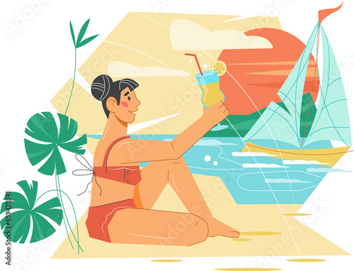 Summer beach vacation decorative banner with character of woman sunbathing on seashore, flat illustration. Summer backdrop design.