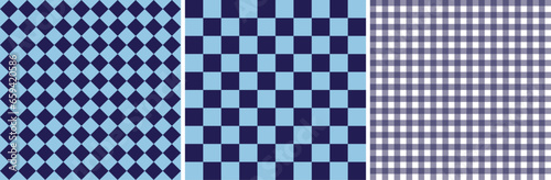 Dark Blue and white checkered, diamond, and chess geometric background pattern.  Template and space for graphic design. Checkered texture. Traditional. Seamless Pattern Set. Vector Illustration.
