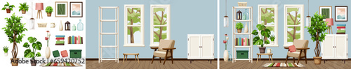 Living room interior design with blue walls, an armchair, a dresser, two windows, houseplants, and pendant light. Cozy room interior design. Home decoration before and after. Interior constructor