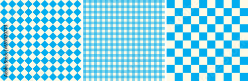 Light blue and cyan checkered, diamond, and chess geometric background pattern. Template and space for graphic design. Checkered texture. Traditional. Seamless Pattern Set. Vector Illustration
