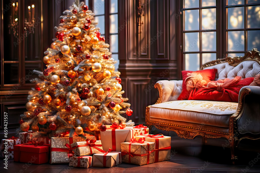 Richly decorated, overloaded Christmas tree with lots of presents in front of it in an old-fashioned room