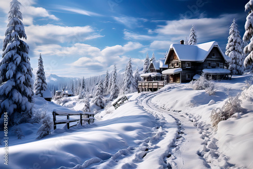 Magical snowy landscape with a winding path leading to a wooden house on the edge of the forest. © Frank