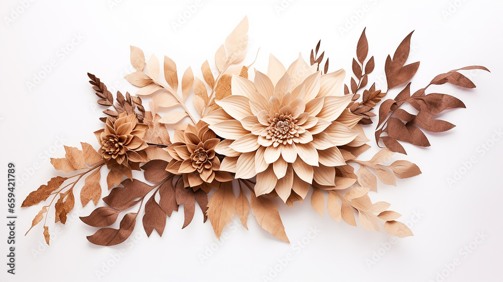decoration with dried dahlia wildwood and leaves decoration and boho style on white background