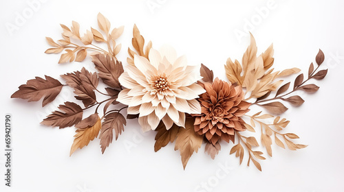decoration with dried dahlia wildwood and leaves decoration and boho flower on white background photo