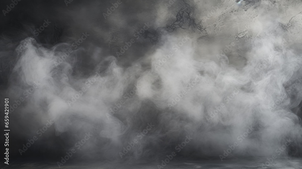 Copy space background Dark moody scene floor black wall grey patches thick smoke billowing around