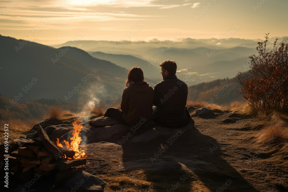 Woman and man sitting at campfire in evening during mountain trip. Couple having fun sitting at bonfire looking at mountain landscape. Weekend trip. Travel to the mountains - obrazy, fototapety, plakaty 
