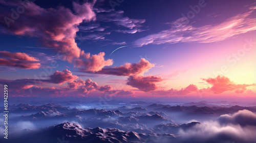 Beautiful aerial view above pink fluffy clouds at sunset or sunrise blue pink sun peeks over horizon