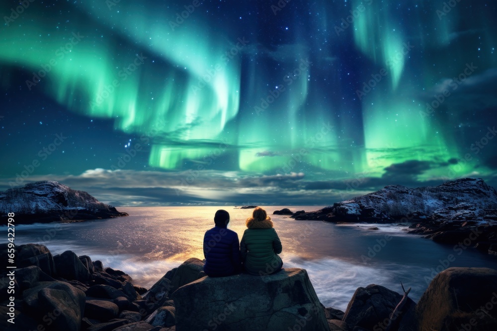 A couple watching aurora borealis northern lights in winter - obrazy, fototapety, plakaty 