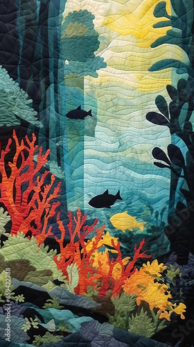 Underwater landscape with coral reef  colorful tropical fish and algae. Mixed media poster.