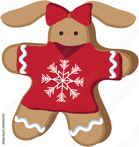 Christmas Gingerbread Bunny  homemade sweet sugar glaze cookie or winter food biscuit vector isolated. New year cookies. Traditional winter bakery. Isolated elements for design. 