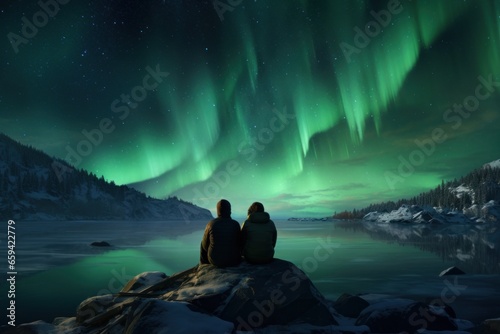 A couple watching aurora borealis northern lights in winter