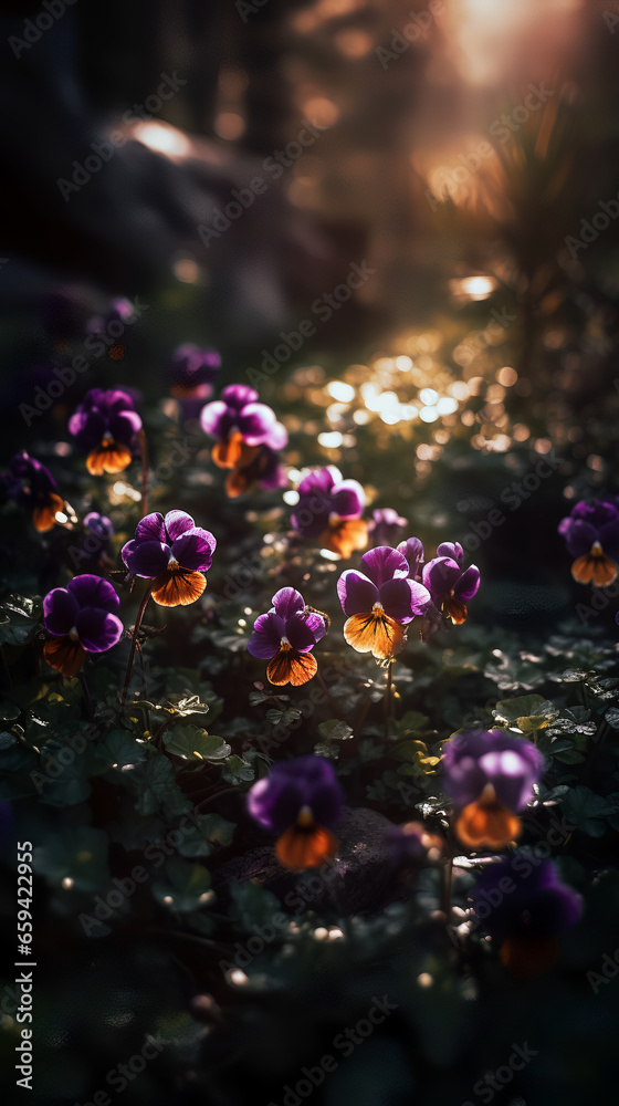 Fototapeta premium An enchanting photography shot capturing vibrant violets and lavender flowers blooming gracefully in the warm sunlight. 