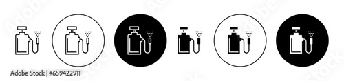 Pressure sprayer vector icon set. Pesticide spray pump symbol. Disinfection sign for UI designs.
