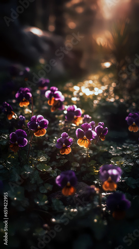 An enchanting photography shot capturing vibrant violets and lavender flowers blooming gracefully in the warm sunlight. 