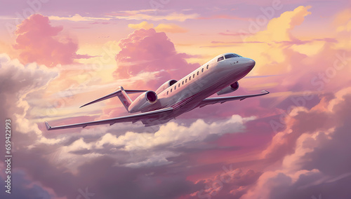 Private plane takes off at dusk, beautiful colorful sky, airplane flight, travel