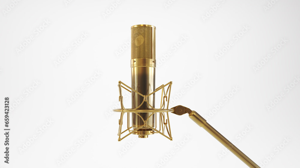 Obraz premium golden Retro microphone. Professional studio microphone isolated on white background. 3D render