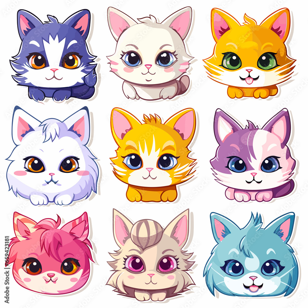 set of funny cats anime style cartoon stickers set of funny cats anime style cartoon stickers