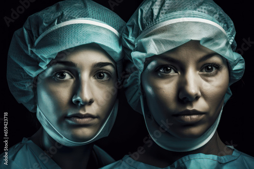 Portrait of two adult tired doctors, nurses with medical face masks on chin, working a shift in clinic photo