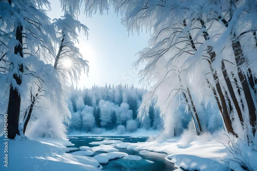 Beautiful winter landscape scene with snow covered trees and ice river