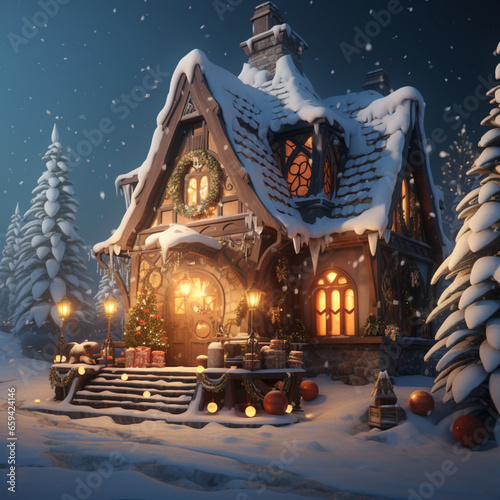 3d house cover with snow on Christmas day