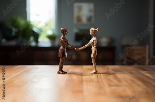 Wooden carving of two women holding hands. Marriage equality and gender equality concept. Equal rights. LGBTQI rights. In the style of flat perspectives.