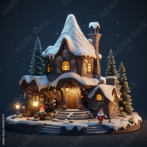 3d house model cover with snow on Christmas day
