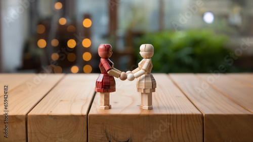 Wooden carving of two women holding hands. In the style of flat perspectives. Marriage equality and gender equality concept. Equal rights. LGBTQI rights.