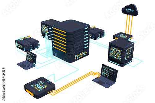 Computer technology 3D illustration. Computation of big data center. Cloud computing. Online devices upload and download information. Modern 3D illustration. 3D rendering