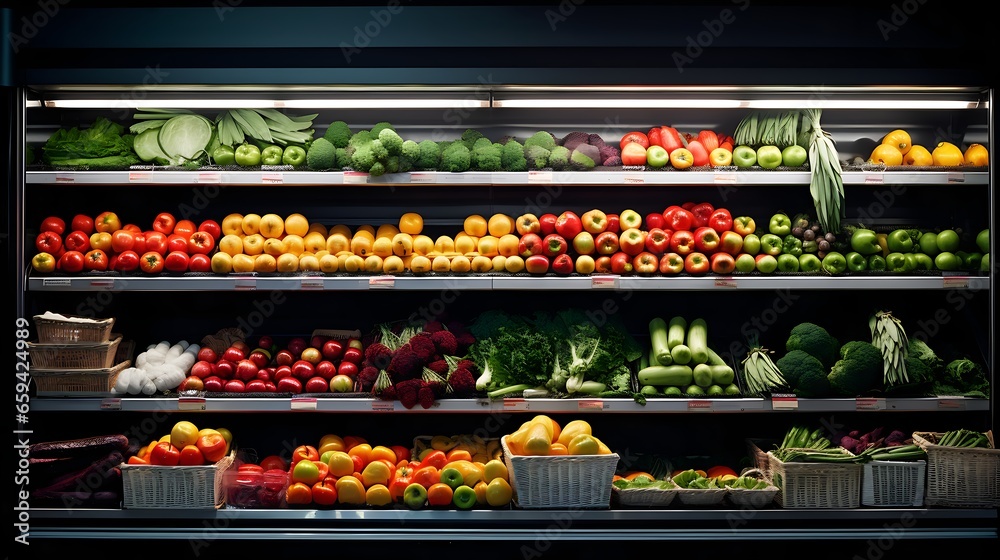 Chilled fruits and vegetables displayed on a supermarket shelf